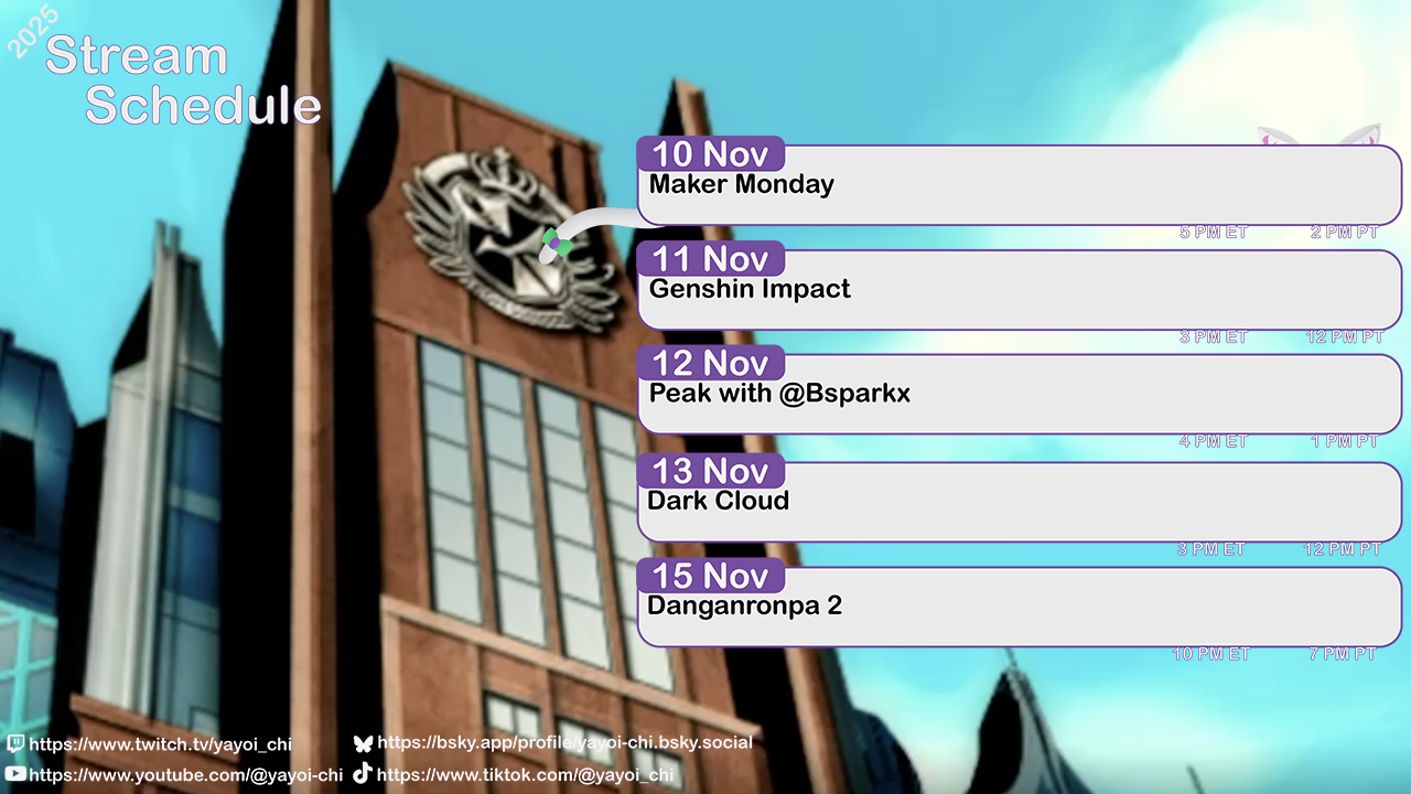 Next week's schedule (see the table below)!