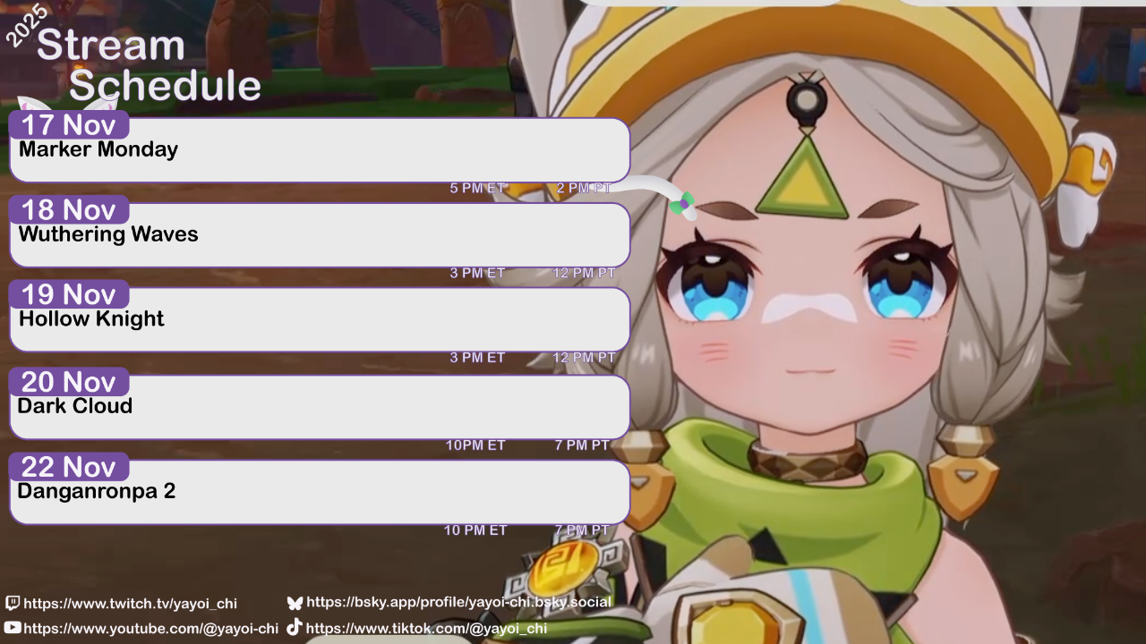 Next week's schedule (see the table below)!