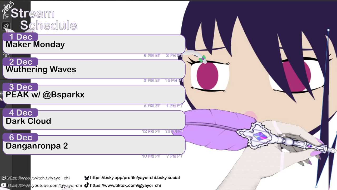 Next week's schedule (see the table below)!