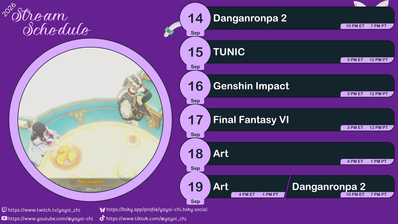 Next week's schedule (see the table below)!