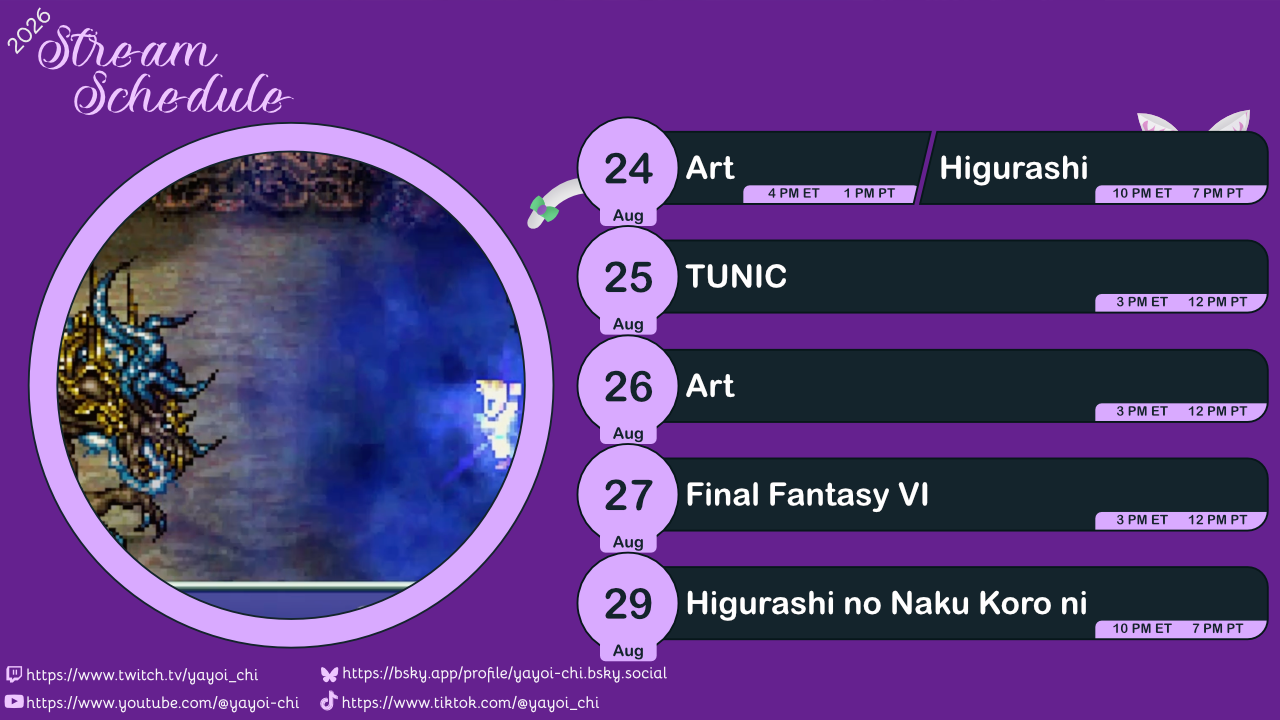 Next week's schedule (see the table below)!
