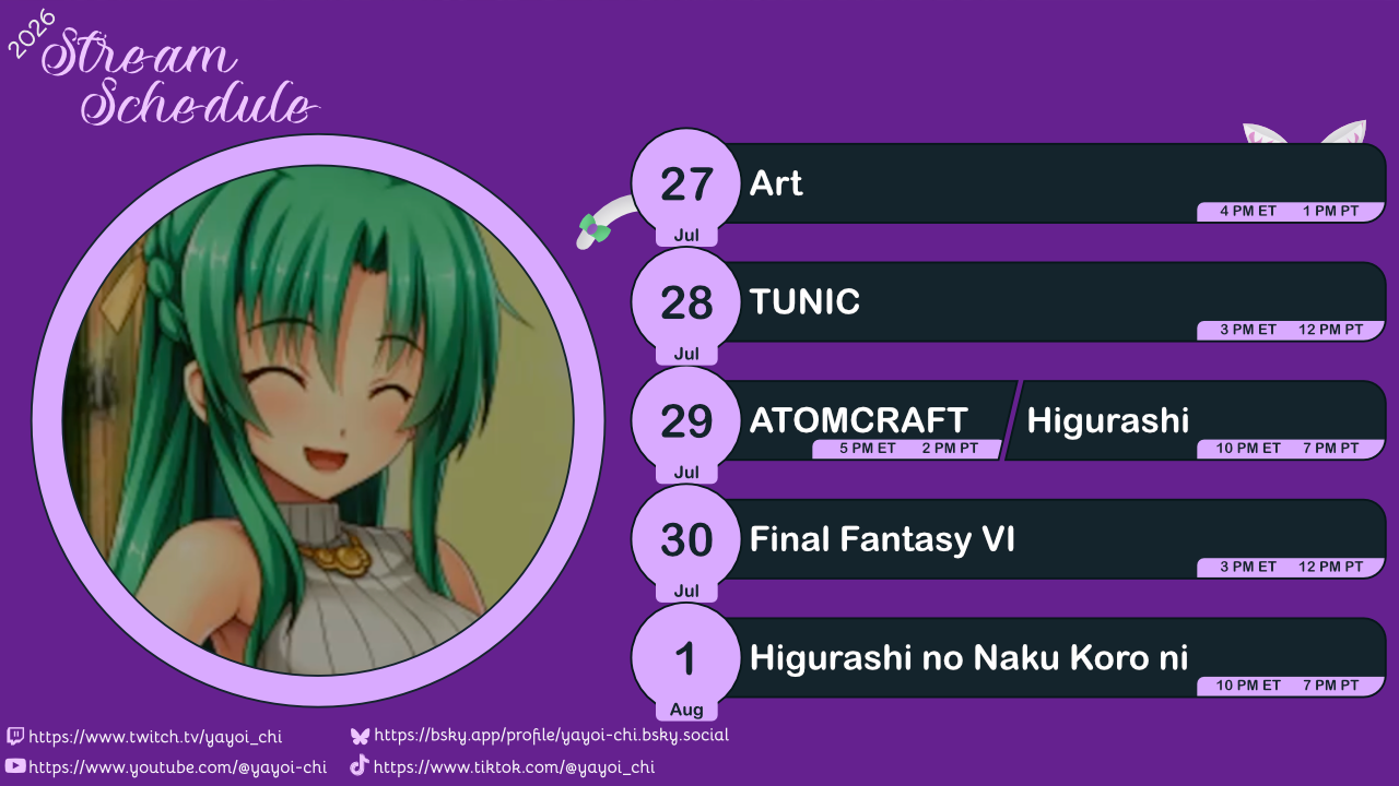 Next week's schedule (see the table below)!