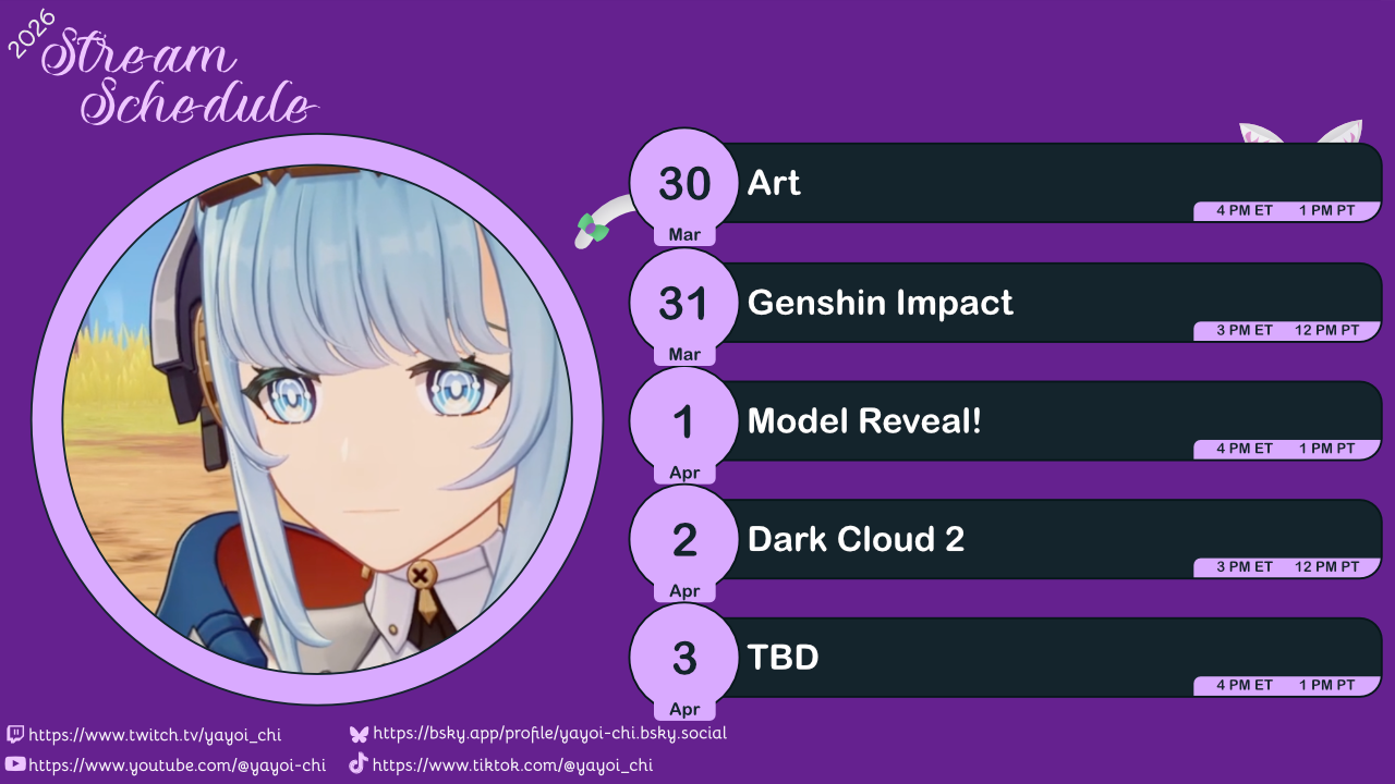 Next week's schedule (see the table below)!